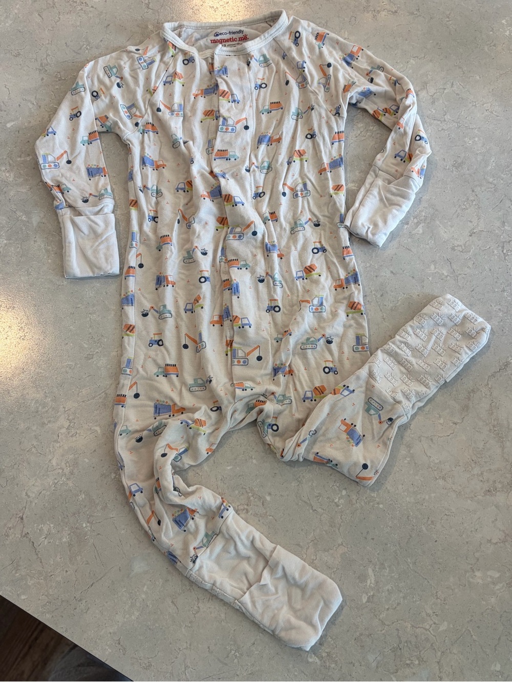 Magnetic Me White Footed One-Piece with Blue and Orange Construction Print